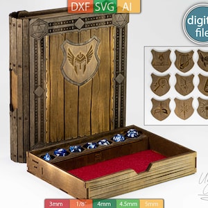 Laser Cut Buch Slider Würfel Box Vorlage, 4 Inlays - Gravur Design für RPGs - AI, SVG, DXF Dateien - Digitaler Download