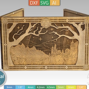 Plantilla de pantalla de Dungeon Master cortada con láser - Diseño de paisaje y dados - Dos cubiertas laterales diferentes - Archivos DXF SVG AI - Descarga digital