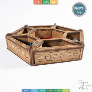 May include: A wooden dice tray with multiple compartments, laser-cut with geometric designs and dice symbols. The tray is a light brown color and has the text "DXF SVG AI" and "digital file".