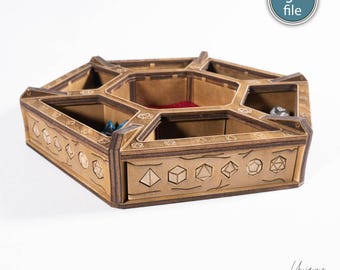 Modello per vassoio per dadi tagliato al laser con icone per dadi, vassoio per dadi DnD SVG DXF AI per legno da 3–5 mm