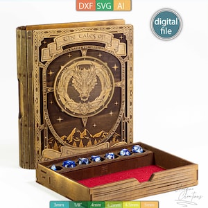 Szablon pudełka na kości Bookslider wycinany laserowo, 4 wkładki — grawerowany wzór do gier RPG — pliki AI, SVG, DXF — pobieranie cyfrowe
