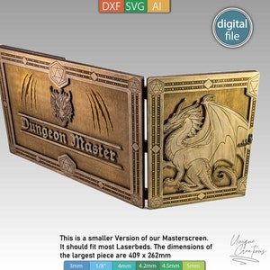 Laser Cut Dungeon Master Screen Template - Glowforge kompatibel - Drachen und Würfel Design - DXF SVG AI Dateien - Digitaler Download