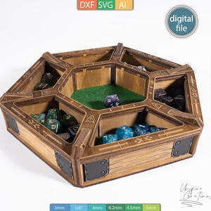 May include: A wooden dice tray with multiple compartments, filled with various colored dice. The tray has a green felt center and is labeled as a digital file. The design includes decorative etched details and metal corner accents.