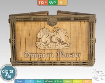 Può includere: Uno schermo per Dungeon Master in legno con un design a drago e il testo "Dungeon Master". Lo schermo è composto da due pannelli che si aprono e si chiudono.
