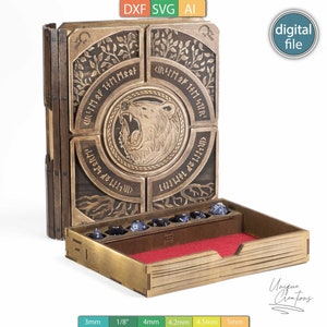BookSlider Druid Dice Box lasersnijsjabloon, 4 inlays - gegraveerd ontwerp voor RPG's - AI-, SVG-, DXF-bestanden - digitale download
