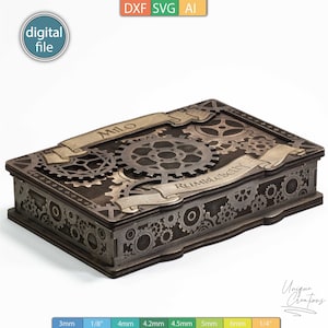 May include: A wooden box with a steampunk design featuring gears and a banner with the name "MILO" and the text "RUMBLEbelly".