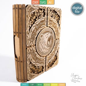 Szablon do wycinania laserowego pudełka na kości, BookSlider, styl Druida, 4 wkładki – grawerowany wzór do gier RPG – pliki AI, SVG, DXF – pobieranie cyfrowe