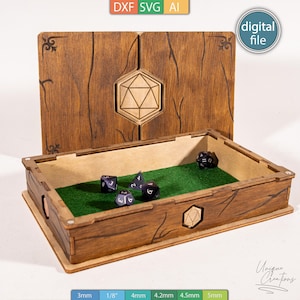 May include: A wooden dice rolling tray with a hinged lid, featuring a geometric design and a green felt interior. The tray is made of brown wood and includes several dice. The image also includes the text "DXF SVG AI" and "digital file".