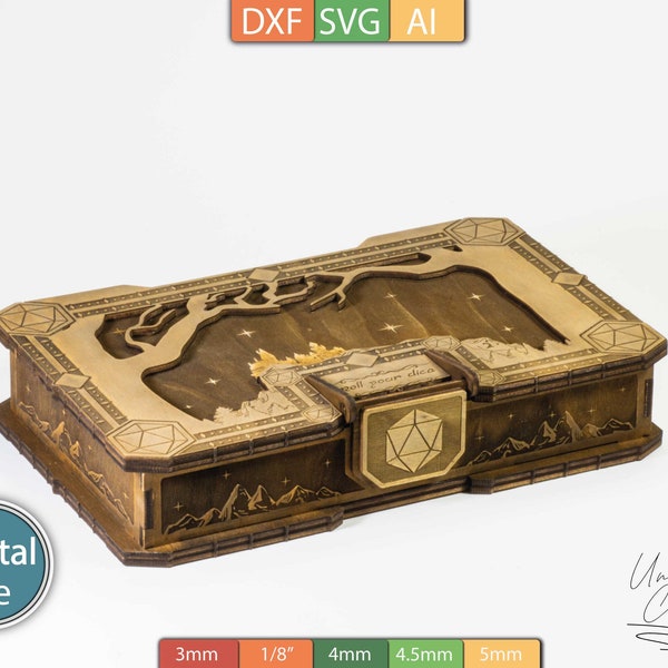 Plantilla de caja de dados, 2 incrustaciones, diseño grabado para juegos de rol - Archivos AI, SVG, DXF - Descarga digital