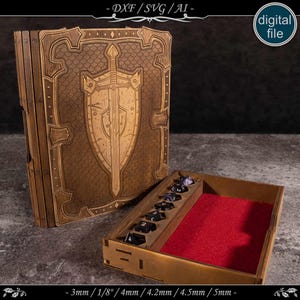 May include: A wooden box with a hinged lid that opens to reveal a red felt-lined interior with compartments for dice. The lid features a laser-engraved design of a shield and sword.
