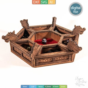May include: A wooden dice tray with a hexagonal design and dragon head accents. The tray has multiple compartments, a red felt-lined center, and is filled with various dice. The image includes the text "DXF SVG AI" and "digital file."