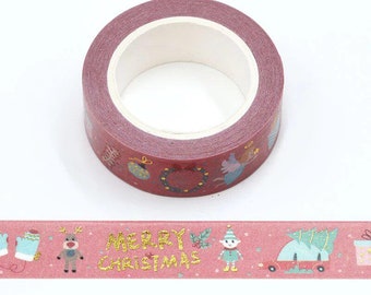 Merry Christmas Washi Tape, Red Gold Foil Holiday Tape Roll, Christmas Journaling Scrapbooking Gift Wrap, Card Making Tape