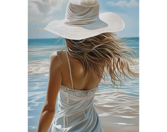 Beach Diamond Painting Kit, Woman by the Ocean Coastal Art, Full Drill 5D Diamond Art, Square Drills, Day Dreaming Seaside Scene