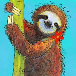 May include: A brown and orange sloth with a red flower in its mouth, hanging from a green tree branch against a blue background.