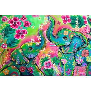 Elephant Diamond Painting Kit, Colourful Boho Floral Art, Full Drill 5D Diamond Art, Round & Square Drills, Elephants by Karrie Evenson