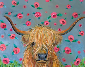 Flowers for Daisy the Highland Cow by Karrie Evenson Premium DIY Diamond Painting