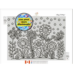 May include: Black and white line art design of a flower garden with the text "use your own diamonds!" in a yellow circle. The design is for a diamond painting project.