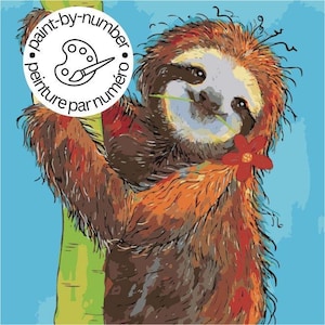 May include: A paint-by-number kit featuring a brown, shaggy sloth clinging to a green tree branch against a light blue background. The sloth has a small red flower near its face and a thin green stem in its mouth. A circular logo with the text paint-by-number peinture par numéro is visible in the upper left corner.
