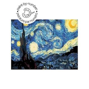May include: A paint-by-numbers canvas featuring a starry night sky with swirling clouds and a bright yellow moon. The sky is a deep blue with white stars and yellow highlights. The landscape below is dark with a few trees and a small town.