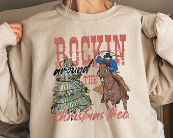 Rockin Around The Christmas Sweatshirt, Cowgirl Sweatshirt, Retro Christmas Western Tee, Cowboy Christmas Shirt, Howdy Country Christmas