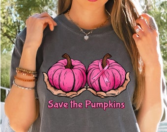 Save the Pumpkins Shirt, Breast Cancer Shirt,  We Wear Pink T-Shirt, Cancer Ribbon Shirt, Cancer Awareness Tee, Halloween Cancer Tee