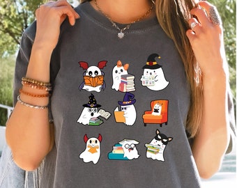 Comfort Colors Ghost Reading Shirt, Teacher Halloween Shirt, Librarian Shirt, Book Lover shirt, Reading Shirt, Halloween Teacher Shirt