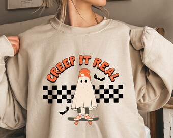 Halloween Sweatshirt, Creep it Real Sweatshirt, Witch Shirt, Retro Fall Sweatshirt, Skateboarding Ghost Sweatshirt, Pumpkin Shirt