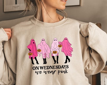 On Wednesday We Wear Pink Ghost Sweatshirt, Mean Girls Ghost Shirt, Mean Girls Halloween, Halloween Sweatshirt, Pink Halloween Ghost Shirt