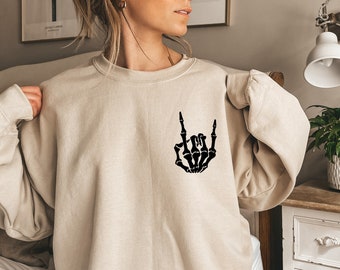 Skeleton Halloween Sweatshirt, Funny Halloween Sweatshirt, Skeleton Halloween Shirt, Spooky Vibes, Skeleton Rock Shirt, Rock Tee