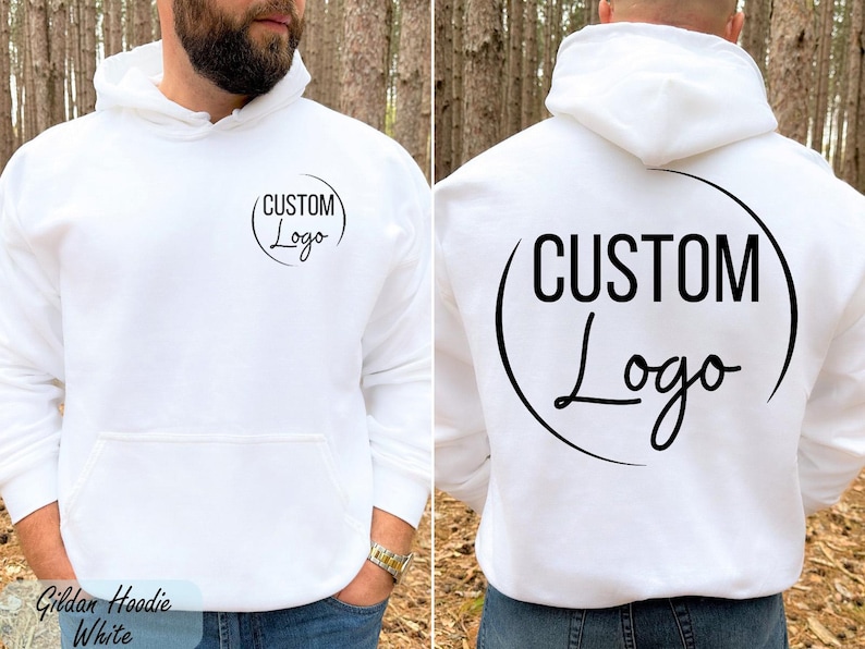A man wearing a white hoodie with the text "CUSTOM Logo" printed on the back.