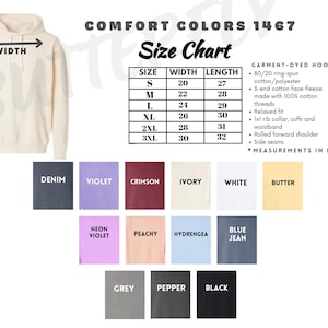 The image is a size chart for a hoodie, providing measurements for different sizes and corresponding colors. The chart includes a diagram of the hoodie and color swatches for each size.