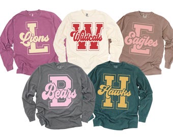 Comfort Colors Custom School Mascot Sweatshirt, Team Spirit Sweatshirt,Favourite Team Long Sleeve,Game Day Outfit, Cheer Mascot Sweatshirt