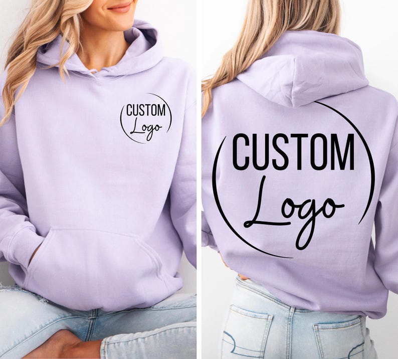 A woman wearing a purple hoodie with the text "CUSTOM Logo" printed on it.