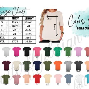 The image is a color chart for a t-shirt design, displaying various color options and their corresponding measurements.