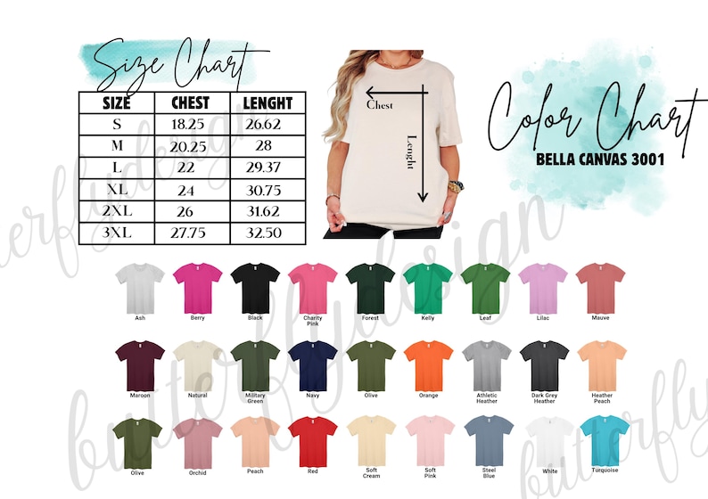The image is a color chart for a t-shirt design, displaying various color options and their corresponding measurements.