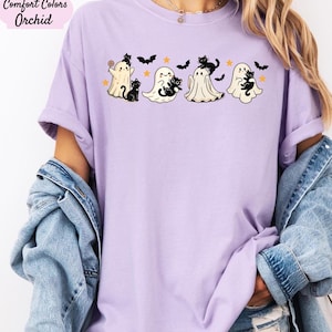 Comfort Colors Halloween Black Cat Shirt, Halloween Ghost T-shirt, Spooky Season Cat Tee, Ghost Outfit, Black Cats Ghosts, Funny Ghost Tee
