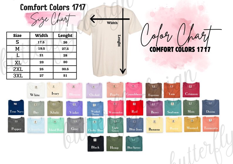 The image is a size chart for a t-shirt, showing the different sizes available in a range of colors. The chart provides the width and length measurements for each size, as well as the corresponding color. The chart also includes a color chart, which lists the available colors and their corresponding widths. The image is a collage of multiple images, and the text is concise and avoids redundancy.