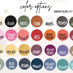 May include: A chart showing 36 different colour options for t-shirts. The colours are arranged in a grid of four rows and nine columns. The colour names are listed below each colour swatch. The text "COMFORT COLORS 1717 TEE" is at the top of the chart.