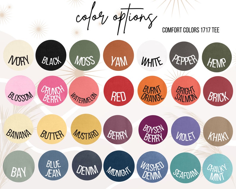 May include: A chart showing 36 different colour options for t-shirts. The colours are arranged in a grid of four rows and nine columns. The colour names are listed below each colour swatch. The text "COMFORT COLORS 1717 TEE" is at the top of the chart.