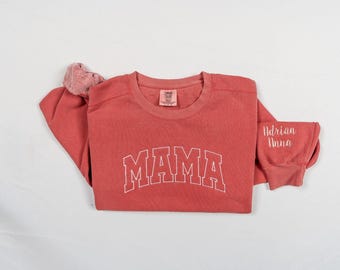 Comfort Colors Embroidered Mama Sweatshirt, Kids names on the sleeve, Gift for Mom, Mama Crewneck Sweatshirt, Gift for Her, Christmas Gift