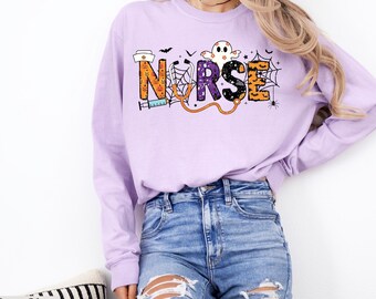 Halloween Nurse Long Sleeve Shirt, Thanksgiving Nurse Sweater,Fall Season Nurse Sweater,Cozy Nurse Autumn Apparel,Healthcare Halloween Tee