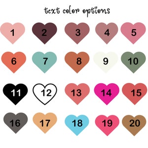 May include: Twenty heart-shaped color swatches, numbered 1 through 20, for choosing text color options.