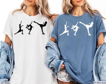 May include: White and blue t-shirts featuring a graphic of three ice skaters in motion. The white shirt has a black graphic, while the blue shirt has a white graphic. The text "CC White" and "CC Blue Jean" are visible.