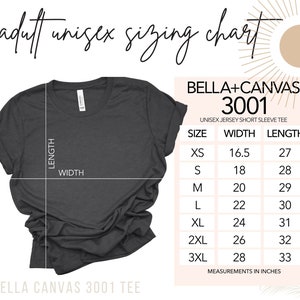 Op de afbeelding: Een maattabel voor de Bella + Canvas 3001 unisex jersey short sleeve tee. De tabel toont de breedte- en lengtemaat in inches voor maten XS tot 3XL.
