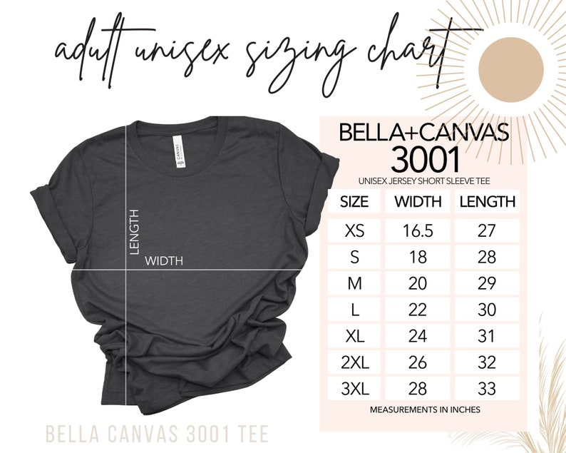Op de afbeelding: Een maattabel voor de Bella + Canvas 3001 unisex jersey short sleeve tee. De tabel toont de breedte- en lengtemaat in inches voor maten XS tot 3XL.