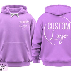 A purple hoodie with the text "CUSTOM Logo" printed on it in white.
