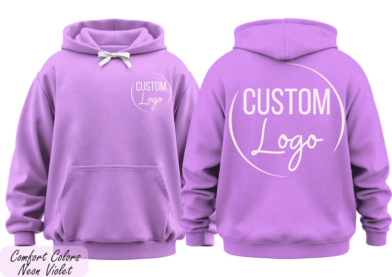 A purple hoodie with the text "CUSTOM Logo" printed on it in white.