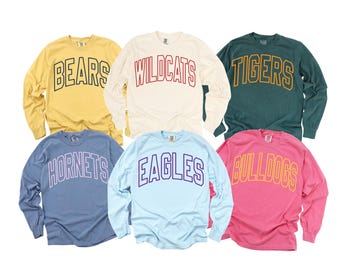 Comfort Colors Custom School Mascot Tshirt, School Logo T-Shirt, Custom Name Gifts For Back To School, Custom Sports Long Sleeve T-Shirt