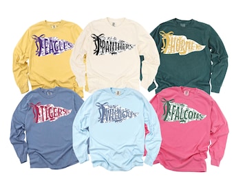 Custom Team Mascot Pennant Sweatshirt, Floral School Spirit Mascot Long Sleeve Tee, Game Day Football Sweatshirt, Cheer Leader Sweatshirt