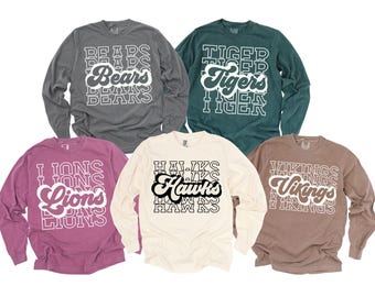 Custom School Mascot Sweatshirt, Customized Team Spirit Long Sleeve Shirt, Game Day Outfit, Stacked Mascot Sweatshirt, Back To School Gift